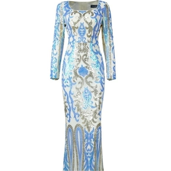 Blue, Baroque Print, Long Sleeved, Square Neck, Mermaid Gown for Specia… - Picture 2 of 10